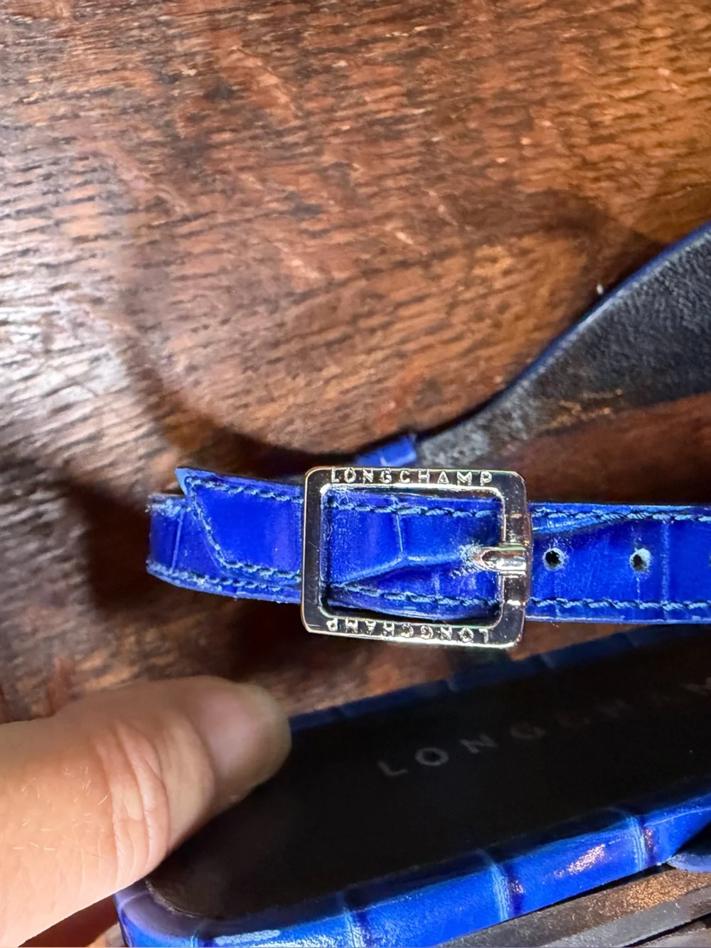 Longchamp Blue Croc Embossed Le Roseau Bamboo Toggle Sandals Size 37